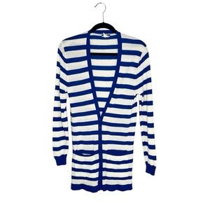 J. Crew 100% Cashmere Nautical blue and white stripe cardigan size Medium